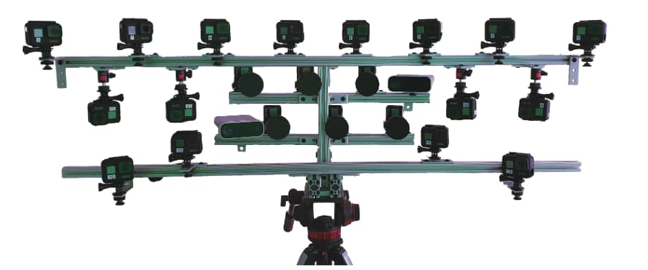 NLR's Custom camera rig featuring 16 GoPro HERO7 and 6 central Back-Bone H7PRO cameras. For 'real time' rendering, these operate at a minimum of 60fps. Source: https://arxiv.org/pdf/2103.11571.pdf