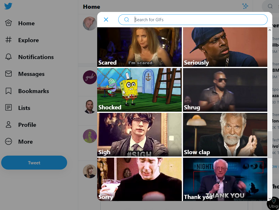 Clicking the 'GIF' button when composing a Twitter post offers a standard set of labeled animated GIFs that are easier for NLP to interpret than the potentially ambiguous use of plain-text language.