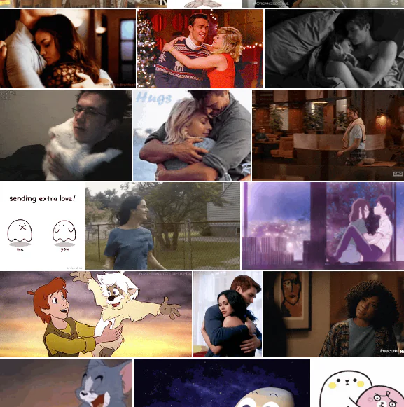 Depiction of various types of relationship in Twitter's available 'hug' GIF category. The use of diverse genres, tropes, gender depictions and other factors add granularity to the potential interpretability of a GIF choice for this sentiment.