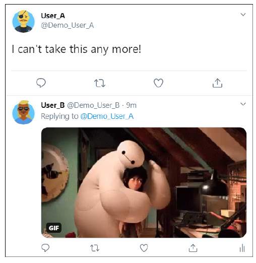Uma resposta GIF animada a uma postagem do usuário. Com o GIF fornecido pelo Twitter agora codificado em termos de estado afetivo, a ambigüidade de intenção é praticamente removida em termos de análise de sentimento.