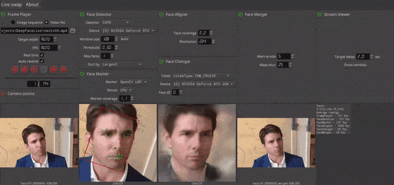 In un video dell'interfaccia DeepFaceLive rilasciato dallo sviluppatore Ivan Perov ad aprile, vediamo filmati scaricati dell'imitatore Miles Fisher che viene trasformato in Tom Cruise in tempo reale. Fonte: https://martinanderson.substack.com/p/real-time-deepfake-streaming-is-apparentemente