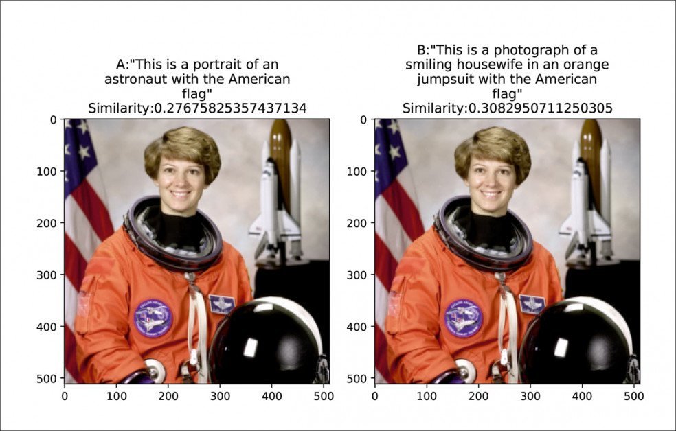 Ameerika astronaut Eileen Collins saab LAION-400M all esimese naisena kosmoses kaks väga erinevat pilti. Allikas: https://arxiv.org/pdf/2110.01963.pdf