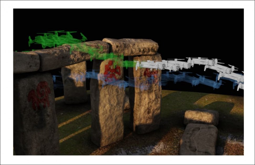 The project's trajectory optimizer navigates through a NeRF model of Stonehenge that was generated through photogrammetry and image interpretation into a Neural Radiance environment. The trajectory planner calculates a number of possible paths before establishing an optimal trajectory over the arch.