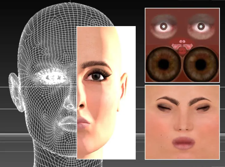 Geen KI nodig nie; 'n aktrise word herskep in 'n tradisionele CGI-program, Cinema 4D, deur gebruik te maak van meshes en bitmap-teksture – tegnologie wat terugdateer na die 1960's, hoewel dit eers vanaf die 1990's wydverspreide gebruik bereik het. In teorie kan hierdie gesigmodel gebruik word om diepvals brondata vir ongewone houdings, beligtingstyle en gesigsuitdrukkings te genereer. In werklikheid was dit van beperkte of geen nut in diepvervalsing nie, aangesien die 'valsheid' van die weergawes geneig is om deur te bloei in omgeruilde video's. Bron: Hierdie artikel se skrywer se beeld by https://rossdawson.com/futurist/implications-of-ai/comprehensive-guide-ai-artificial-intelligence-visual-effects-vfx/