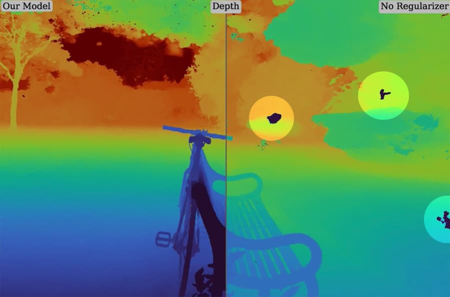 On the right, we see unwanted artifacts in Mip-NeRF due to the difficulty in bounding such a large scene. On the left, we see that the new regularizer has optimized the scene well enough to remove these disturbances.