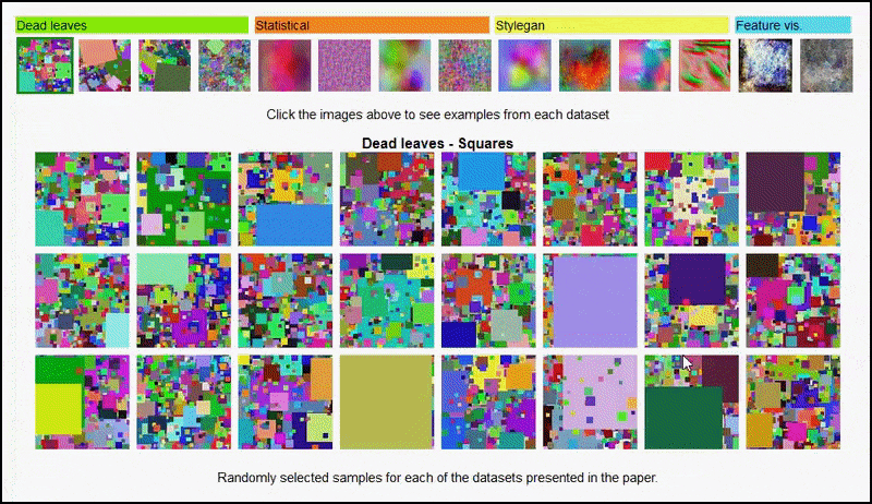 The project page for the initiative lets you interactively view the different types of random image datasets used in the experiment. Source: https://mbaradad.github.io/learning_with_noise/