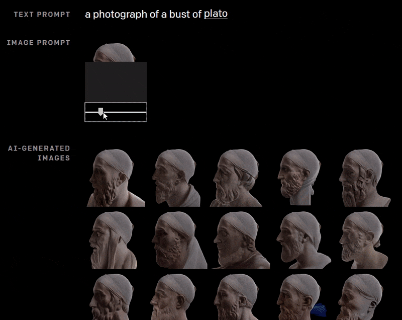 DALL-E tenta di completare un'immagine parziale di un busto di Platone. Fonte: https://openai.com/blog/dall-e/