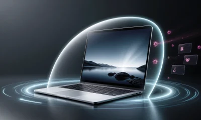 Low-impact security shield protecting a silver laptop