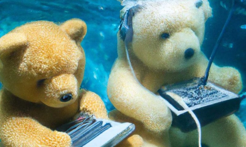 "Des ours en peluche travaillent sur de nouvelles recherches sur l'IA sous l'eau avec la technologie des années 1990" - Source : https://www.creativeboom.com/features/meet-dall-e/