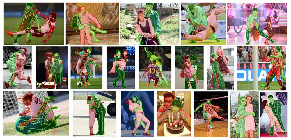 Examples from the OCHuman dataset, introduced in support of the Pose2Seg detection project in 2018. This initiative sought to derive improved semantic segmentation of people by using their stance and pose as a semantic delimiter of where the pixels representing their bodies were likely to end Source: https://github.com/liruilong940607/OCHumanApi