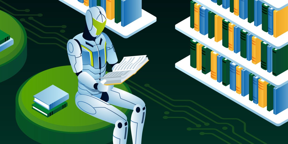 An illustration of a robot reading a book in a library