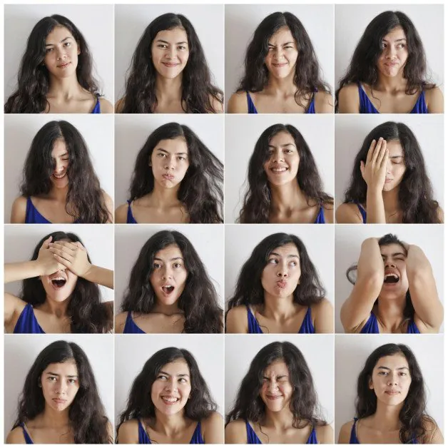 Un collage d'une fille montrant plusieurs émotions faciales.