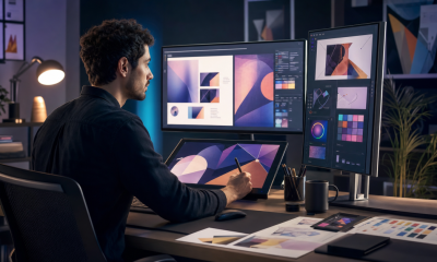 Design team using AI-assisted graphic design workspaces