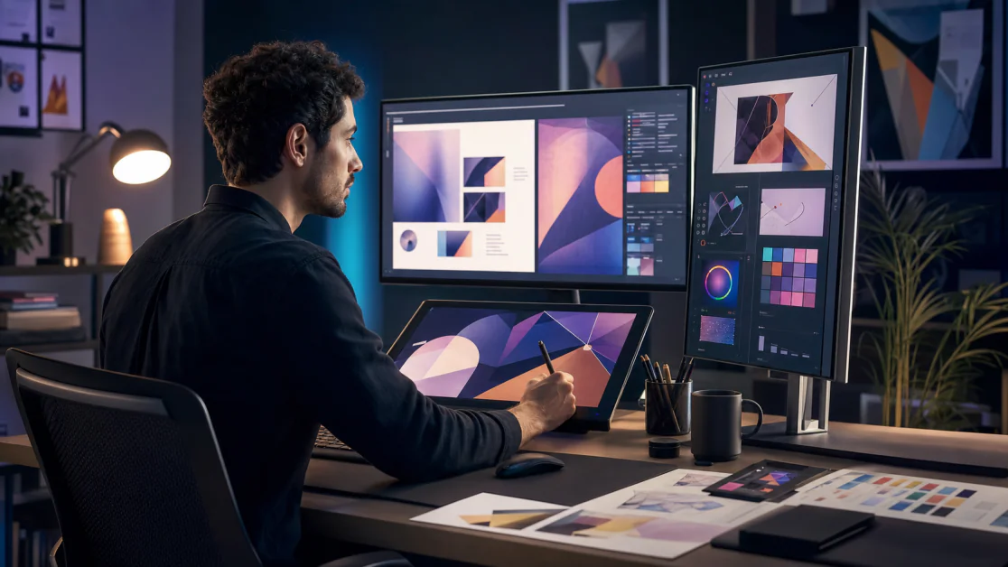 Design team using AI-assisted graphic design workspaces