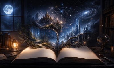 Open book branching into AI-generated story worlds