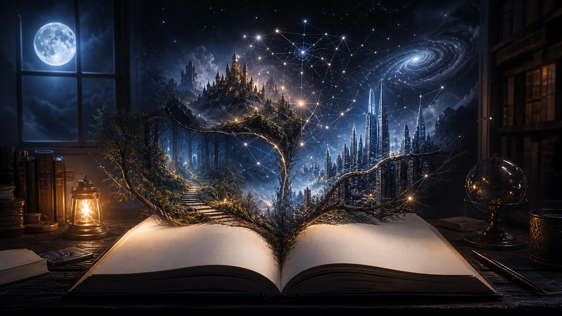Open book branching into AI-generated story worlds