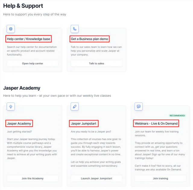 Customer support options available in Jasper.