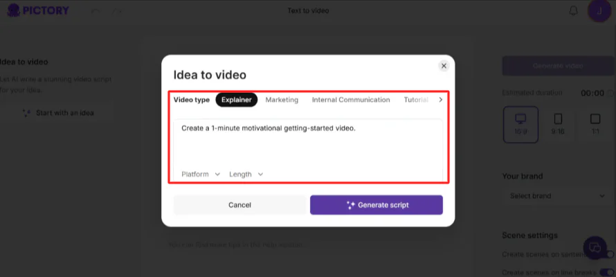 Pictory'de video türünü seçme.