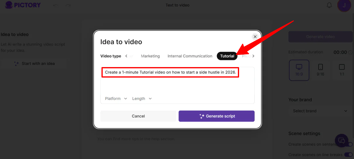 Pictory'ye bir video fikri vermek.