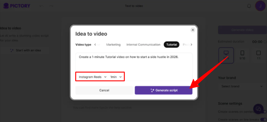 Pictory'nin oluşturacağı video türünü ve uzunluğunu seçin.