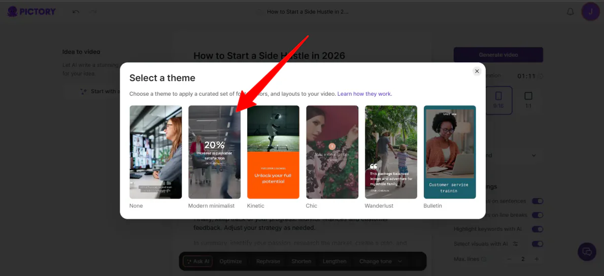 Pictory ile video oluştururken tema seçimi.