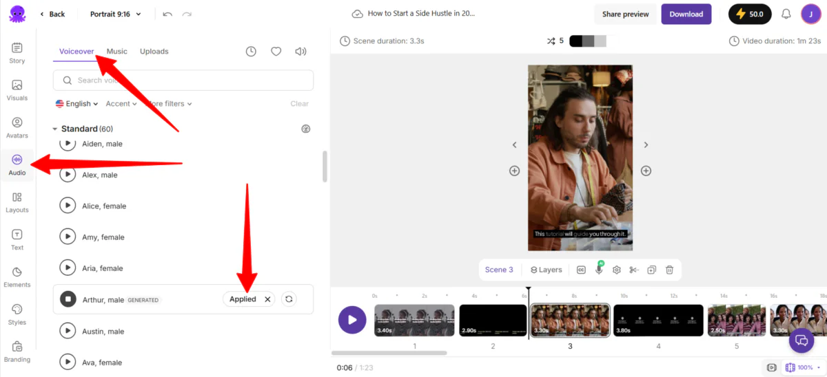 Pictory ile oluşturulmuş bir videoya seslendirme ekleme.