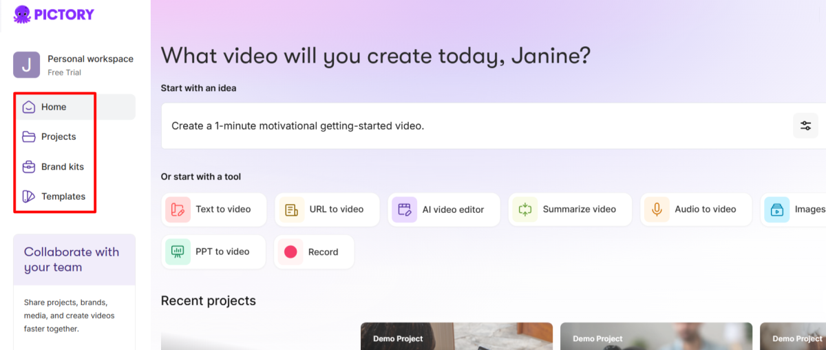 Pictory kontrol paneli.