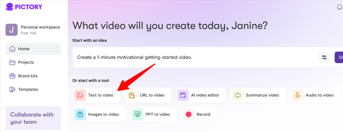 Pictory'de Metni Videoya Dönüştürme Seçeneği.