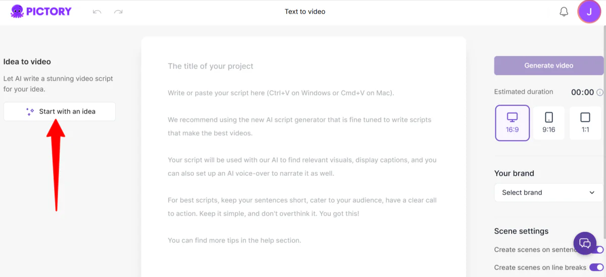 Pictory'de yapay zeka kullanarak senaryo oluşturma.