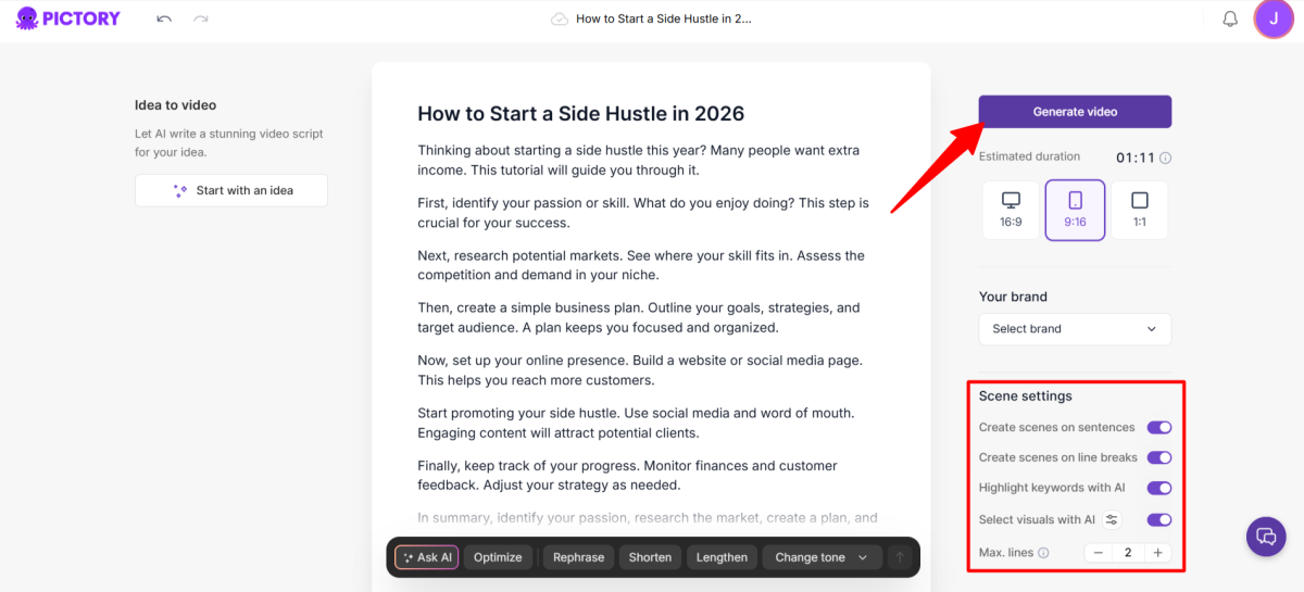 Pictory'de sahne ayarlarını yapıp videoyu oluşturma.