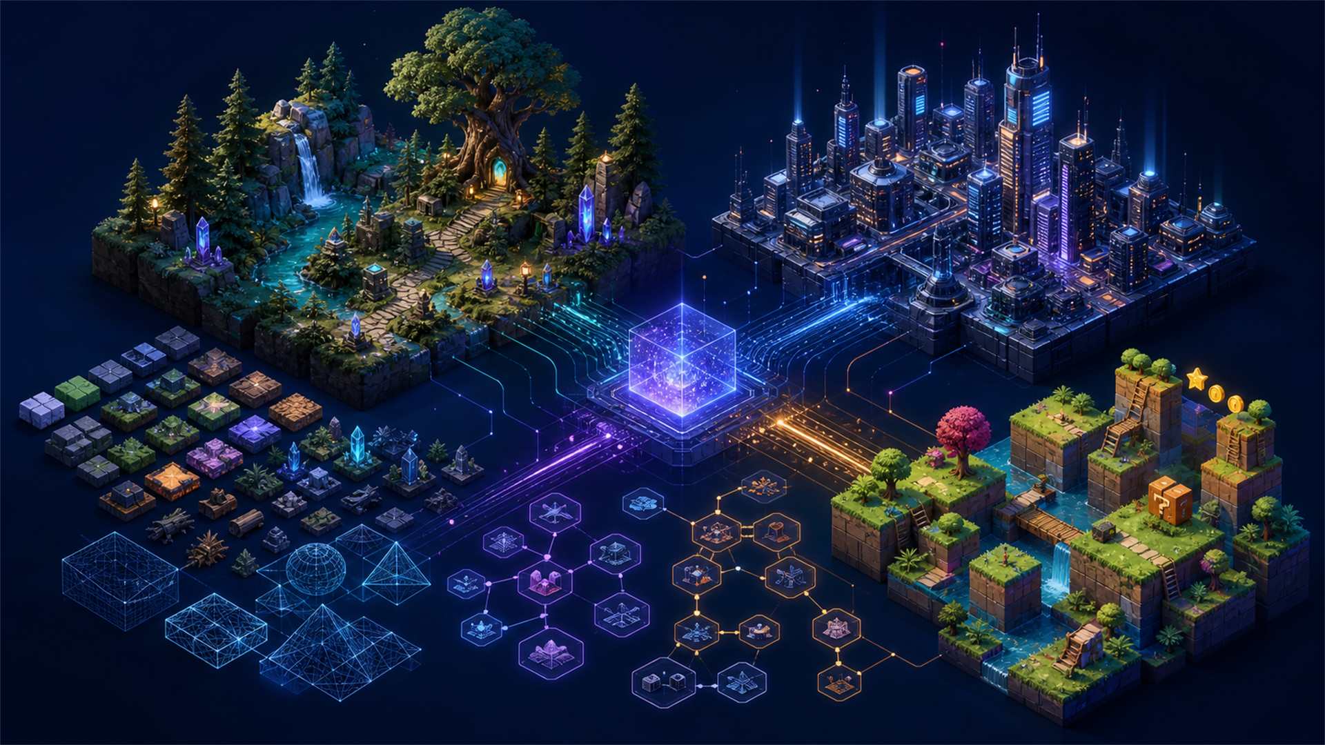 AI-generated game worlds and 3D assets connected through a creative production pipeline