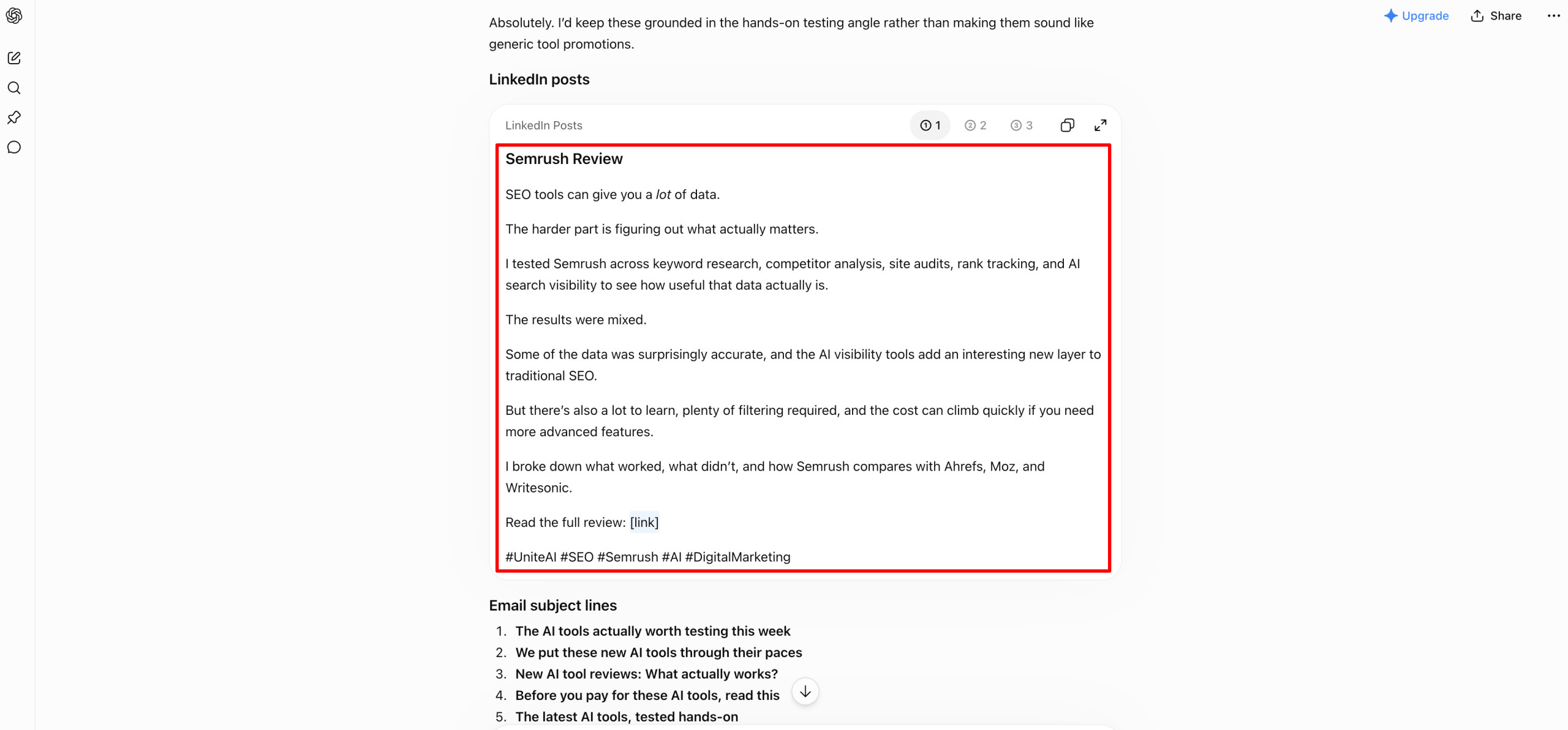 Kopia posta na LinkedIn wygenerowana przez ChatGPT.