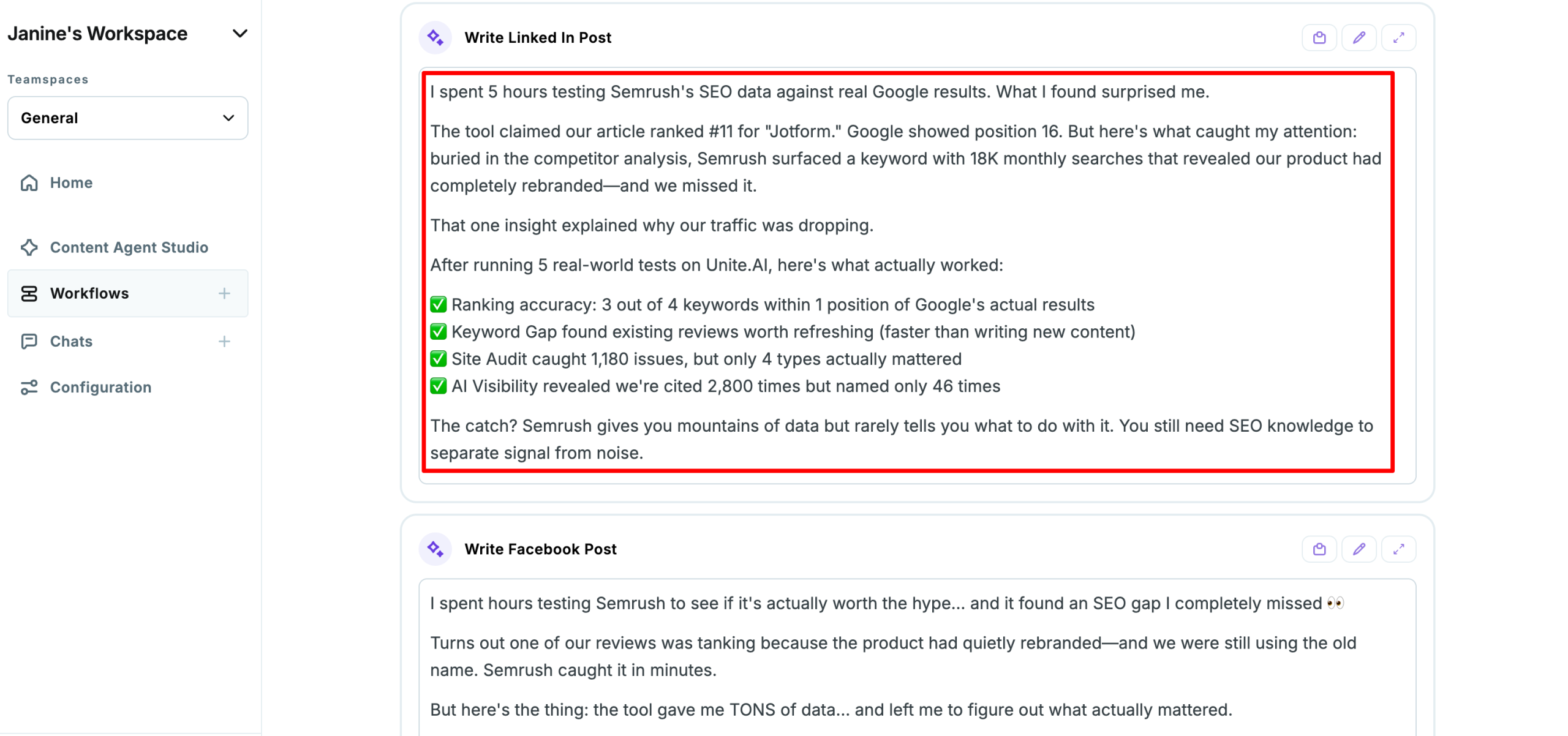Post na LinkedIn wygenerowany dla recenzji Semrush przy użyciu Copy.ai.
