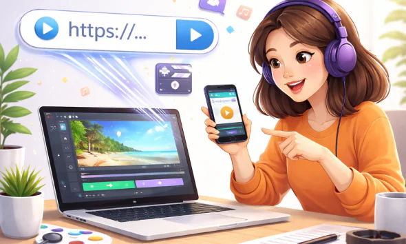 A girl with brown hair and an orange shirt holding a phone and turning a URL into a video on her laptop.