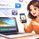 A girl with brown hair and an orange shirt holding a phone and turning a URL into a video on her laptop.