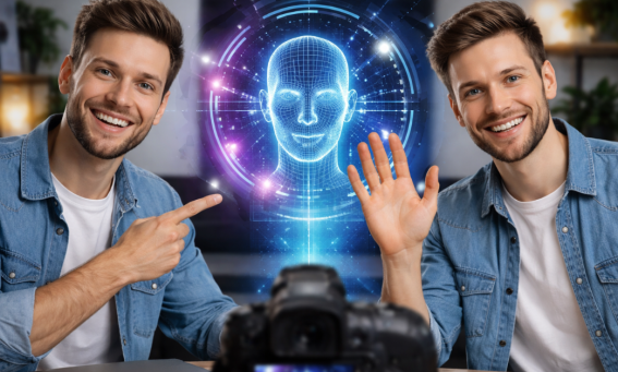 A man pointing at his clone generated with AI while recording with a camera.