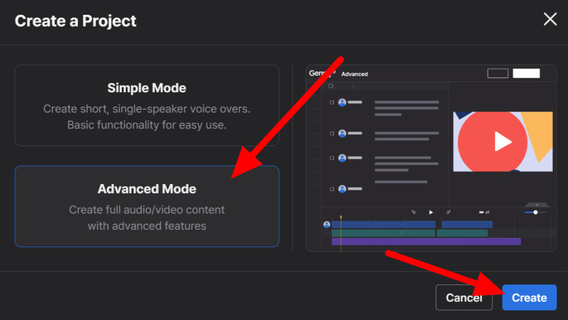 Selecting Advanced Mode and clicking Create using Lovo.ai.