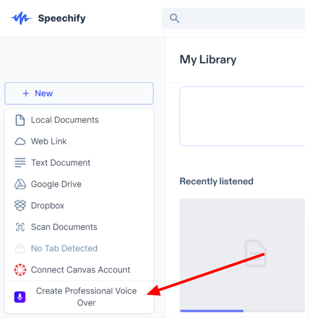 Selecting Create Professional Voice Over using Speechify.