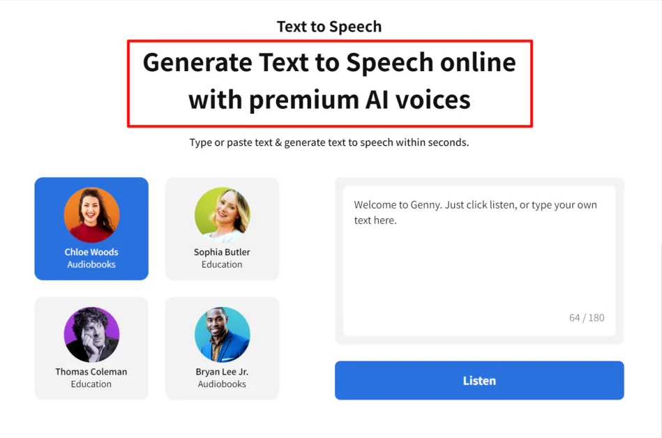 Lovo.ai's text to speech landing page.