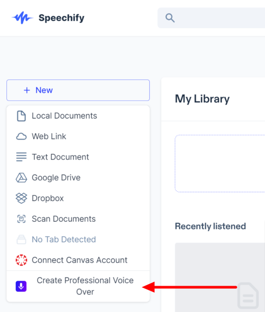 Selecting Create Professional Voice Over in Speechify.