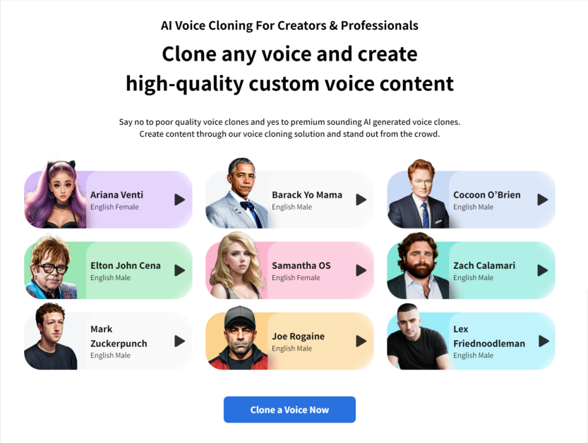 Lovo.ai's landing page for Voice Cloning.