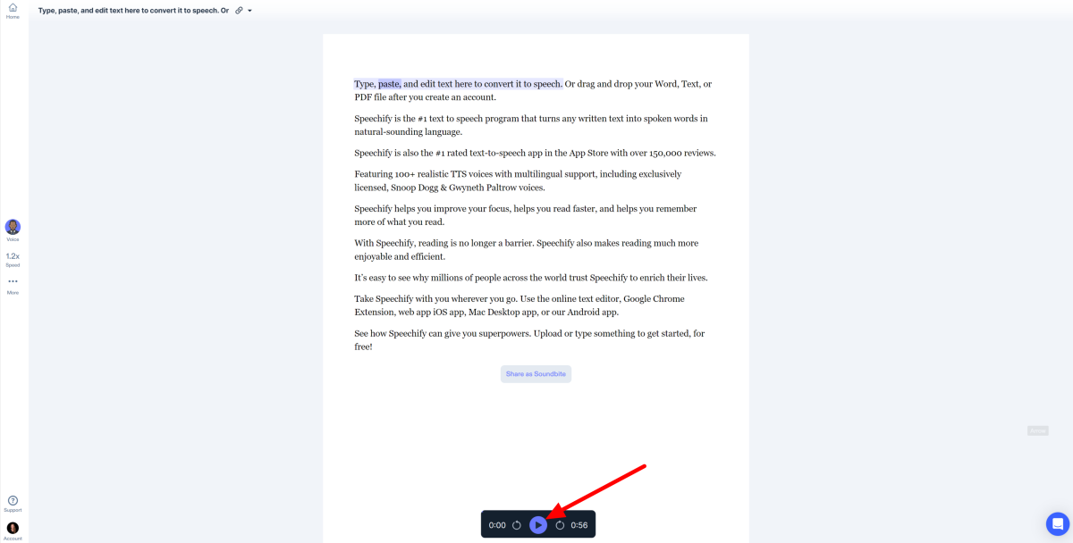 Нажмите кнопку воспроизведения, чтобы прослушать текст с помощью Speechify.