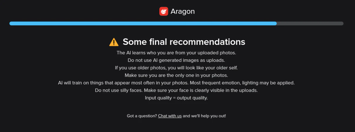 توصيات Aragon AI النهائية لأنواع الصور الشخصية التي سيتم تحميلها.