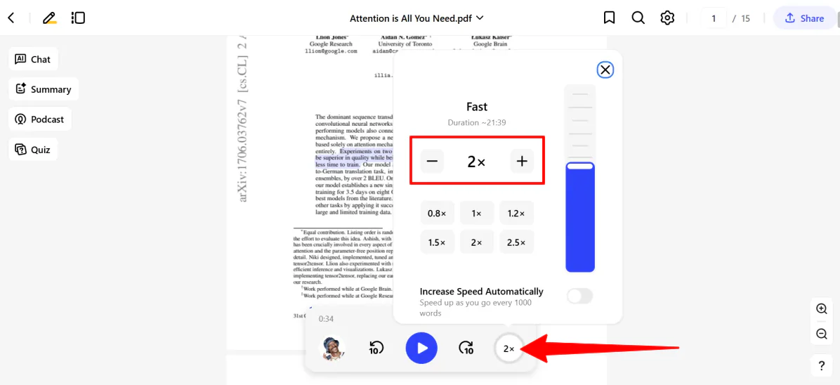 Impostazione della velocità di ascolto a 2X su Speechify.
