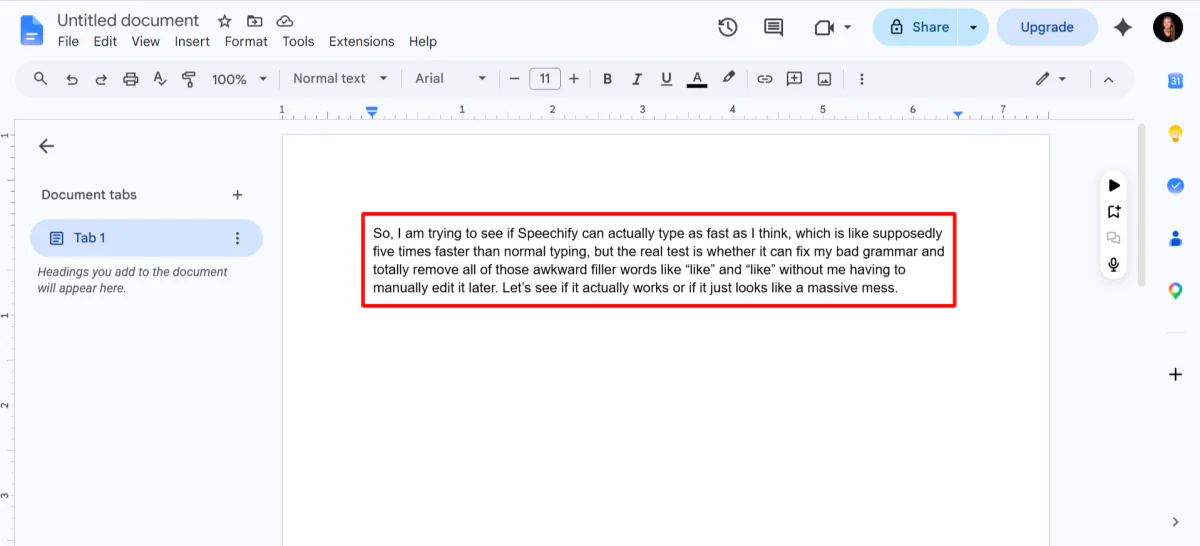 Risultati della scrittura vocale di Speechify in un documento.