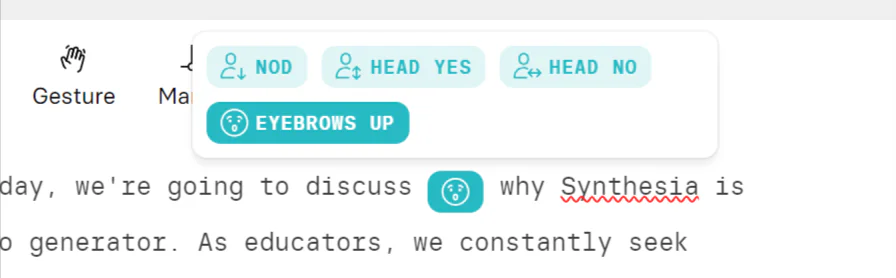 Adding an eyebrow raise gesture to the script in Synthesia.