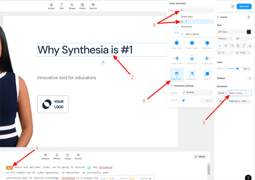 Aggiunta di un'animazione al testo utilizzando Synthesia.