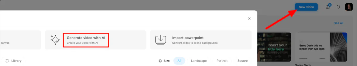 Selecting the "New video" button and selecting "Generate video with AI."