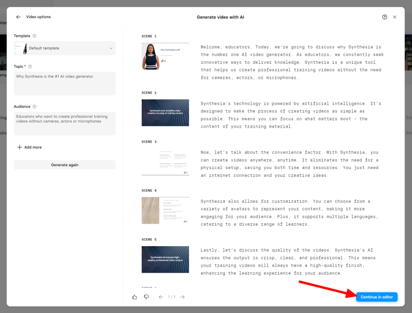 Selecting Continue in editor on an AI generated video using Synthesia.