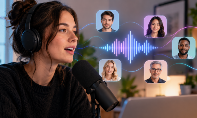 A woman with a bun speaking into a microphone, using an AI tool that generates realistic voices.